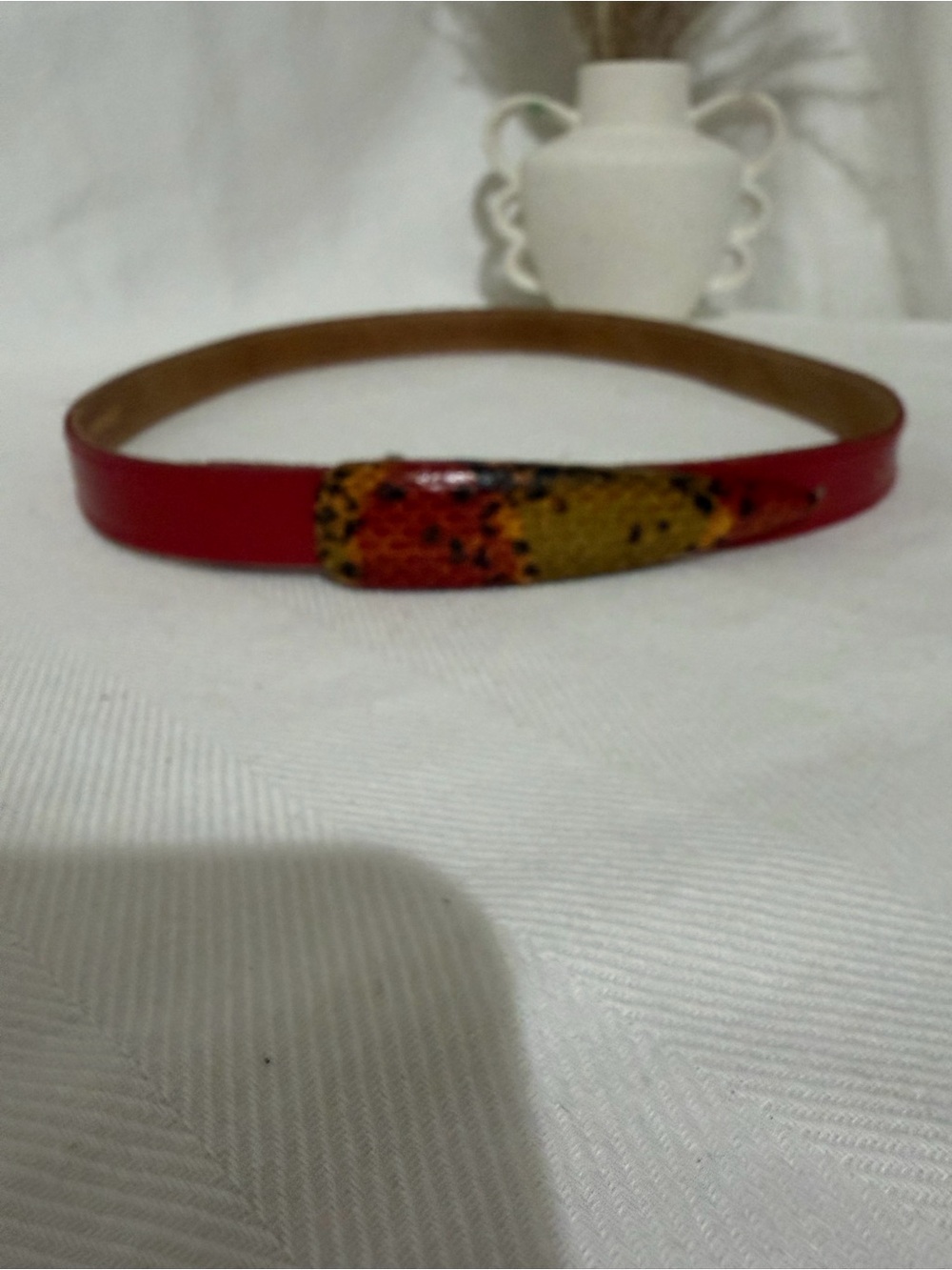 Vintage Red Leather Slim Waist Belt with snakeskin Buckle M/L